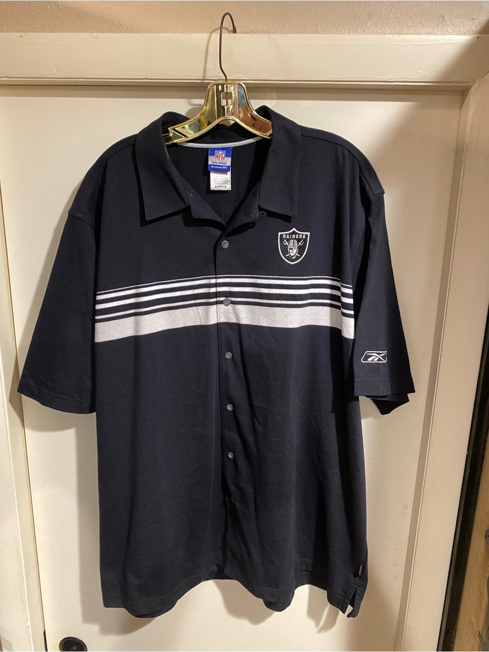 Reebok Black Button-Down Polo with White Stripe and Raiders Logo XL NFL